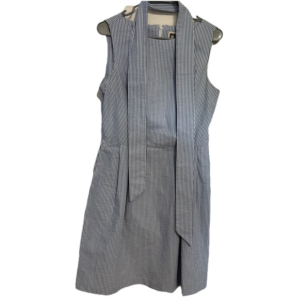 Anne Klein Blue White Seersucker Dress Size 8 Sleeveless Fit & Flare - Picture 2 of 9